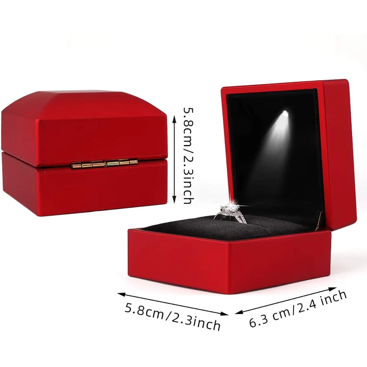 This modern, sleek ring box features a built-in light that elegantly showcases your ring as soon as the box is opened. Available in seven stunning colors, it’s perfect for adding a special touch of luxury to any proposal or